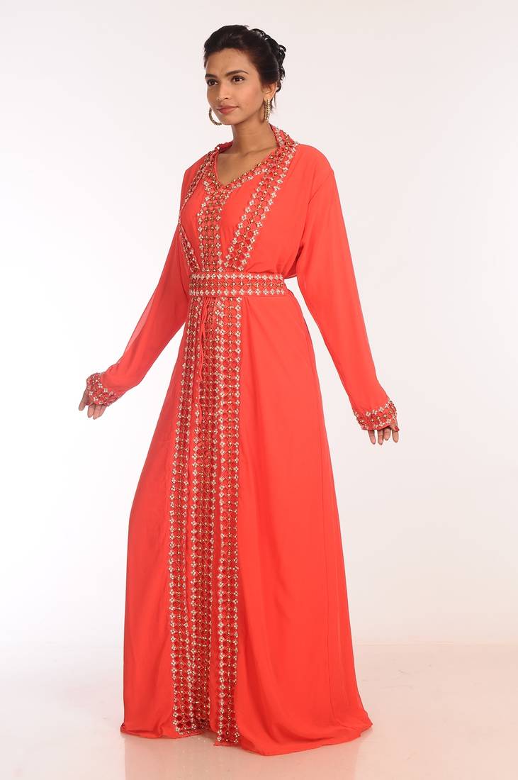 Tomato Georgette Hand Woven Stitched Islamic Kaftans