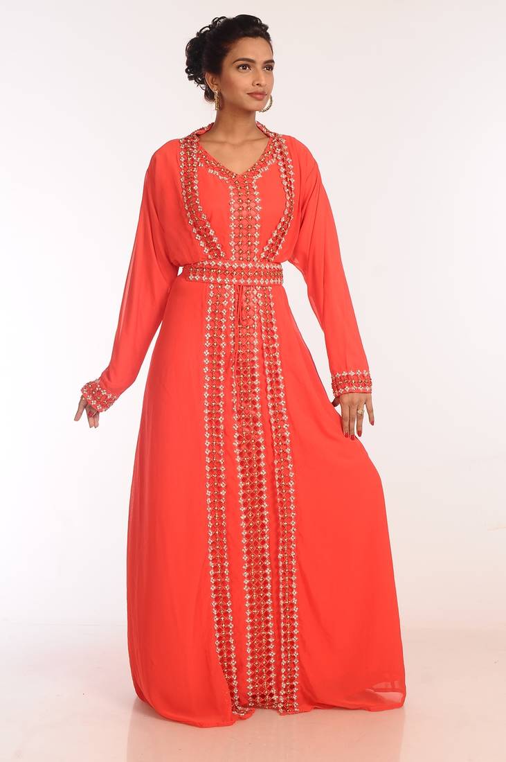 Tomato Georgette Hand Woven Stitched Islamic Kaftans