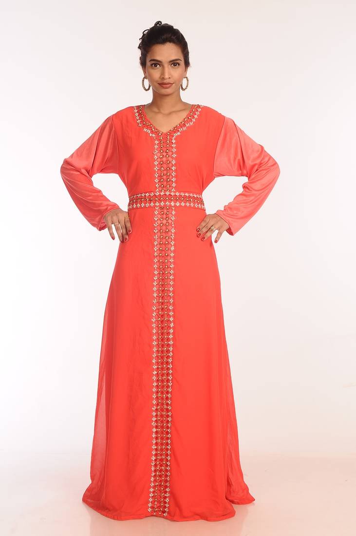 Tomato Georgette Hand Woven Stitched Islamic Kaftans