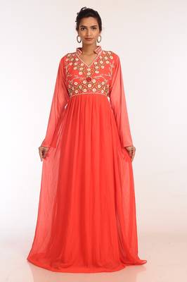 Tomato Georgette Hand Woven Stitched Islamic Kaftans 1