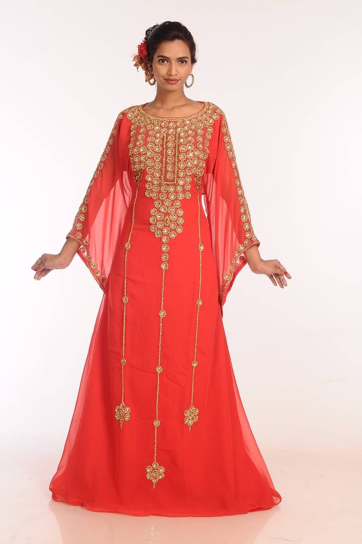 Tomato Georgette Hand Woven Stitched Islamic Kaftans