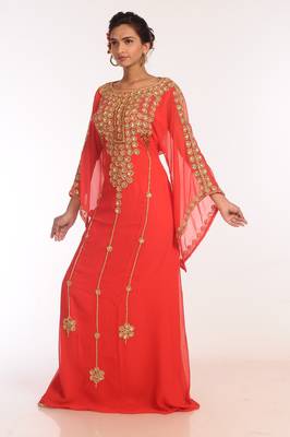 Red Georgette Hand Woven Stitched Islamic Kaftans 1