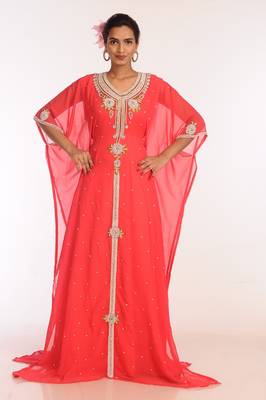 Tomato Georgette Hand Woven Stitched Islamic Kaftans 1