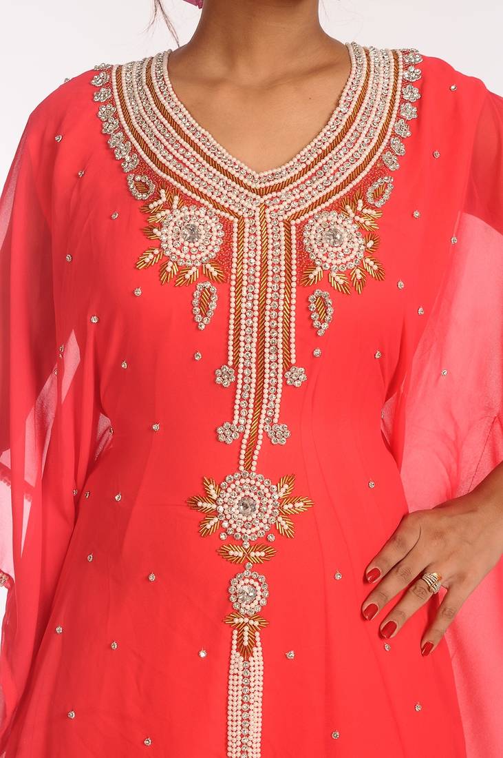 Tomato Georgette Hand Woven Stitched Islamic Kaftans