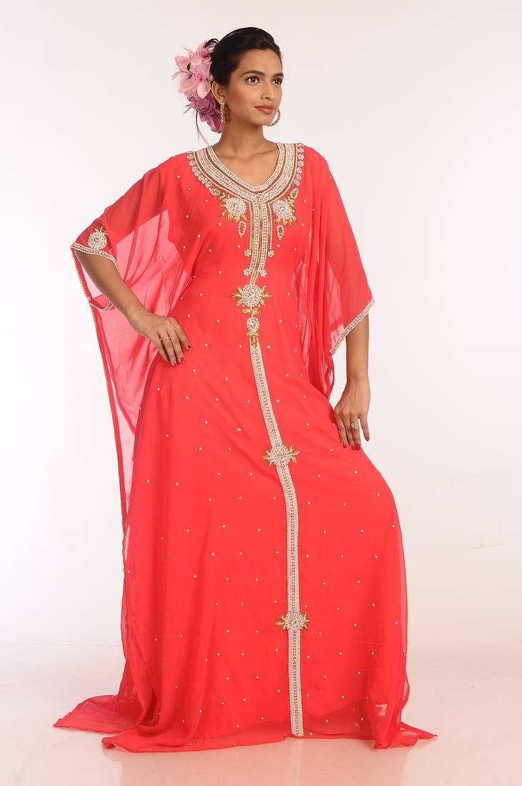 Tomato Georgette Hand Woven Stitched Islamic Kaftans