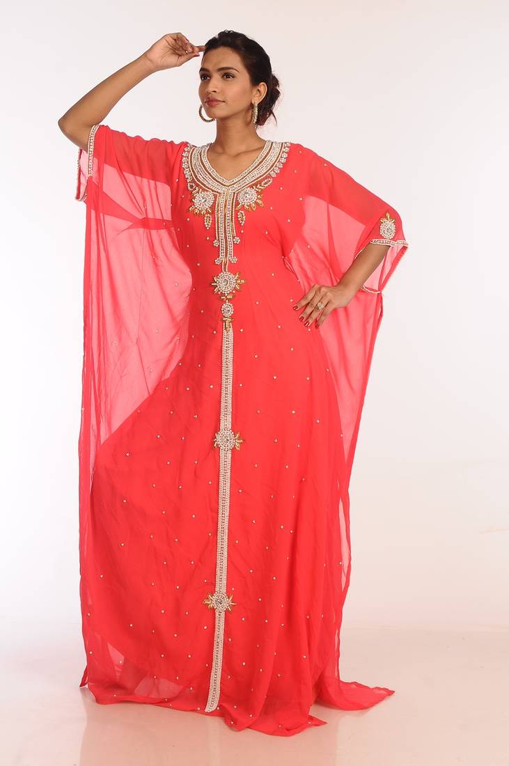Tomato Georgette Hand Woven Stitched Islamic Kaftans