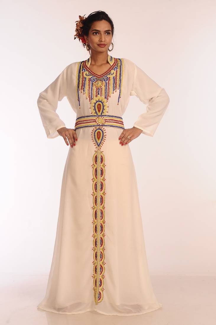 Multicolor Georgette Hand Woven Stitched Islamic Kaftans With Jacket