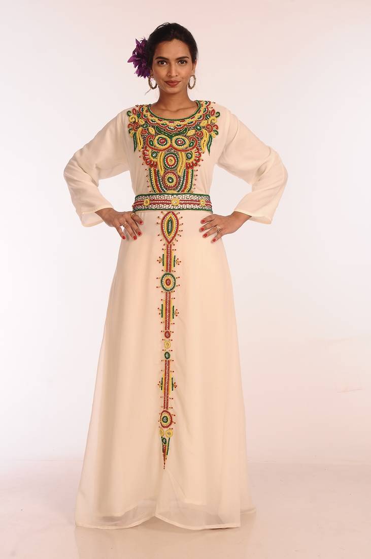 Multicolor Georgette Hand Woven Stitched Islamic Kaftans With Jacket