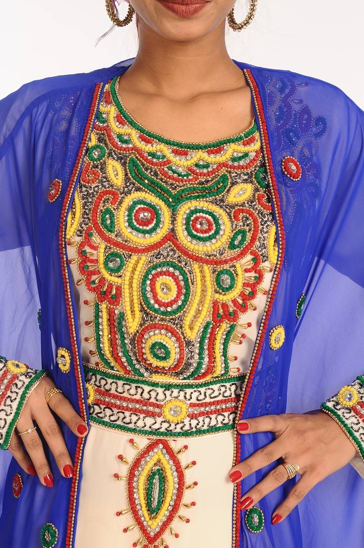 Multicolor Georgette Hand Woven Stitched Islamic Kaftans With Jacket
