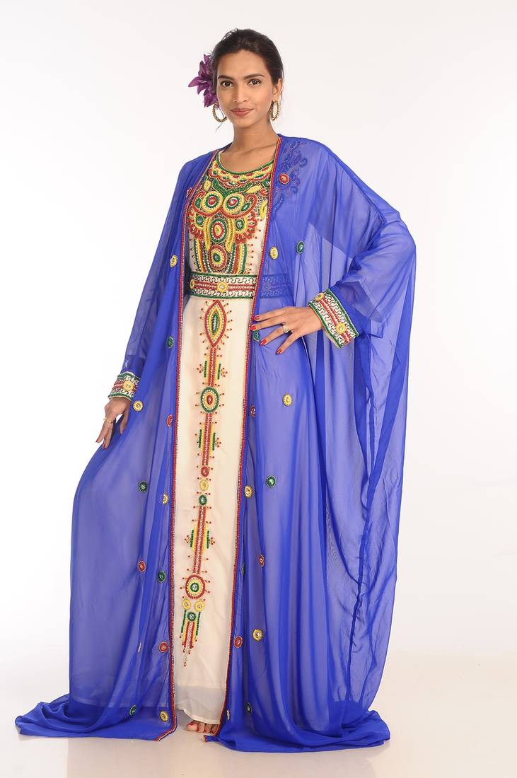 Multicolor Georgette Hand Woven Stitched Islamic Kaftans With Jacket
