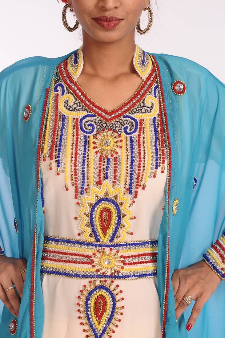 Multicolor Georgette Hand Woven Stitched Islamic Kaftans With Jacket