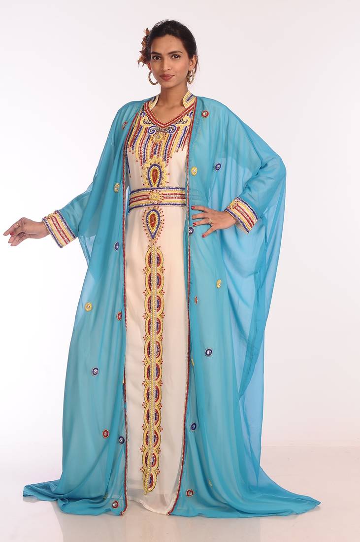 Multicolor Georgette Hand Woven Stitched Islamic Kaftans With Jacket