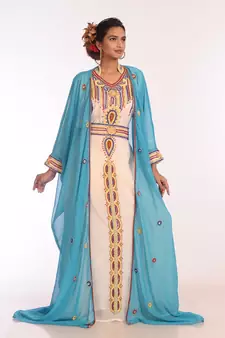 Multicolor Georgette Hand Woven Stitched Islamic Kaftans With Jacket
