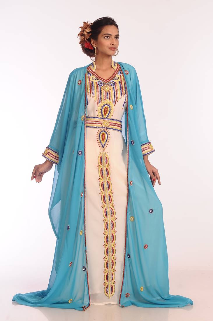 Multicolor Georgette Hand Woven Stitched Islamic Kaftans With Jacket