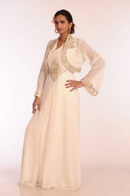 Cream Georgette Hand Woven Stitched Islamic Kaftans 1