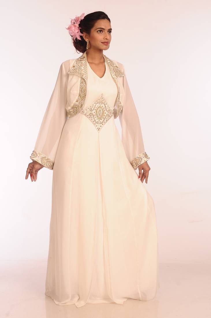 Cream Georgette Hand Woven Stitched Islamic Kaftans