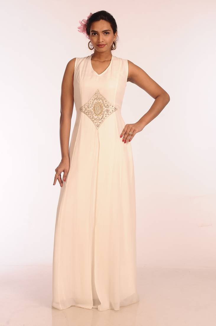 Cream Georgette Hand Woven Stitched Islamic Kaftans