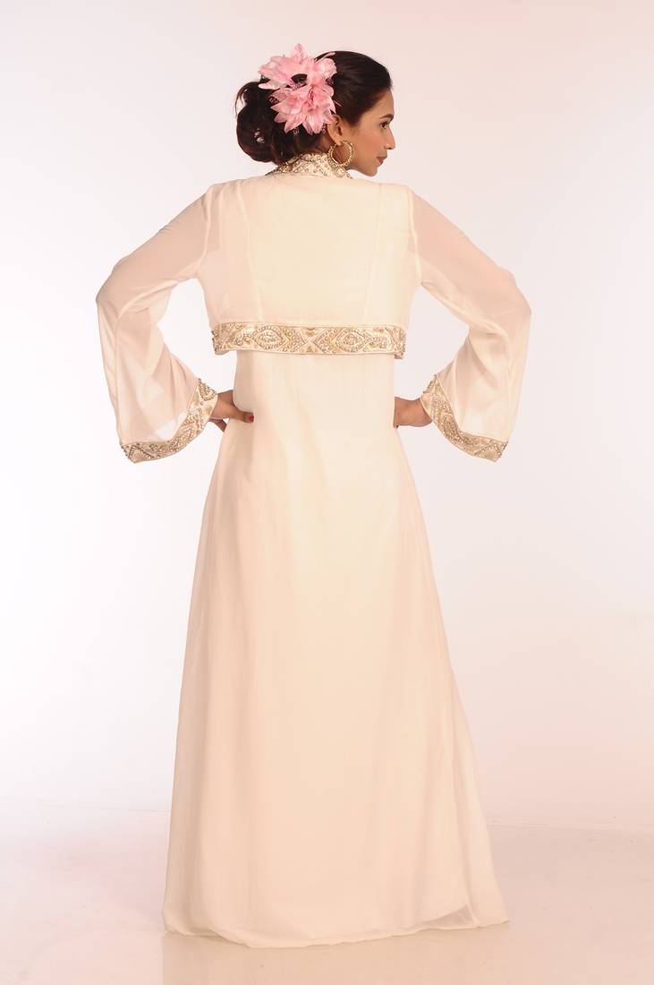 Cream Georgette Hand Woven Stitched Islamic Kaftans