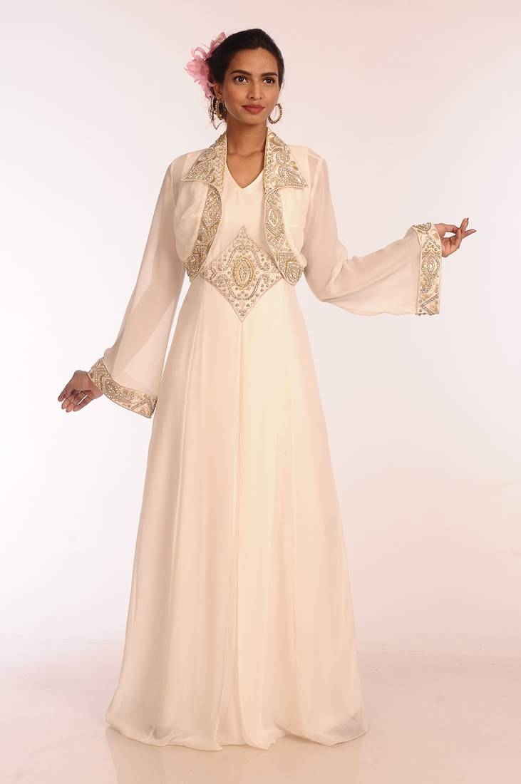 Cream Georgette Hand Woven Stitched Islamic Kaftans