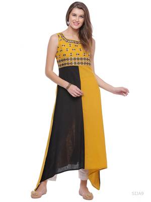   Yellow & Black Hand Embroidered Cotton Kurta 1
