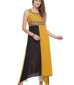 Geroo Jaipur Yellow & Black Hand Embroidered Cotton Kurta