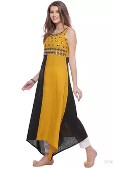   Yellow & Black Hand Embroidered Cotton Kurta