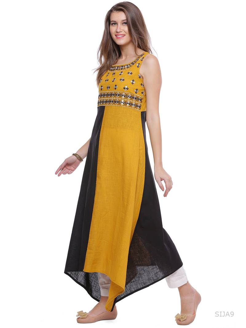 Geroo Jaipur Yellow & Black Hand Embroidered Cotton Kurta