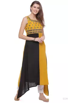   Yellow & Black Hand Embroidered Cotton Kurta