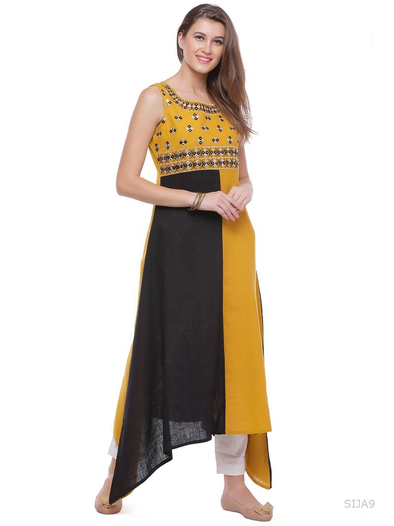 Geroo Jaipur Yellow & Black Hand Embroidered Cotton Kurta