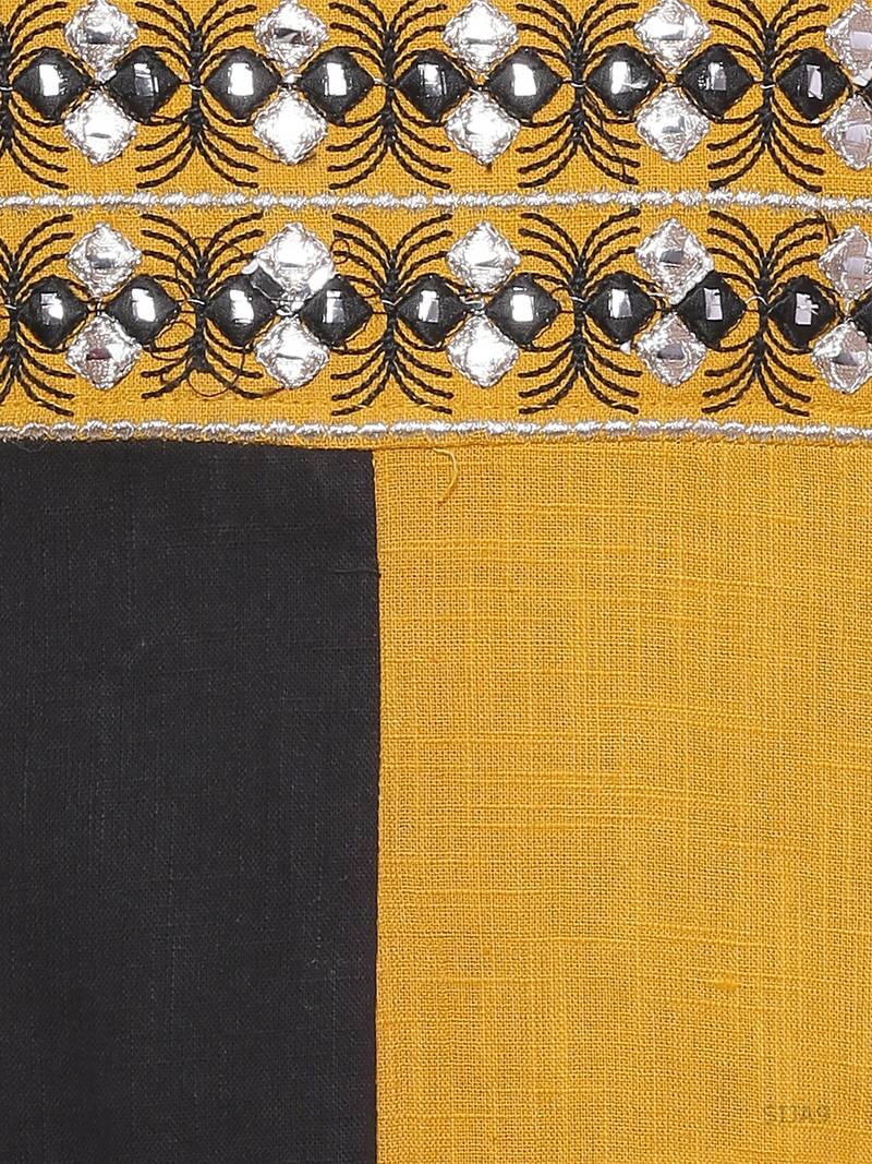 Geroo Jaipur Yellow & Black Hand Embroidered Cotton Kurta