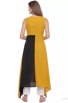   Yellow & Black Hand Embroidered Cotton Kurta