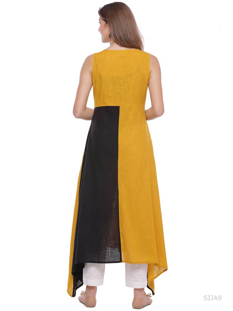 Geroo Jaipur Yellow & Black Hand Embroidered Cotton Kurta