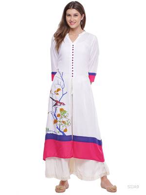   White Printed A Line Rayon Kurta 1