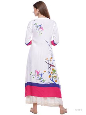   White Printed A Line Rayon Kurta 2