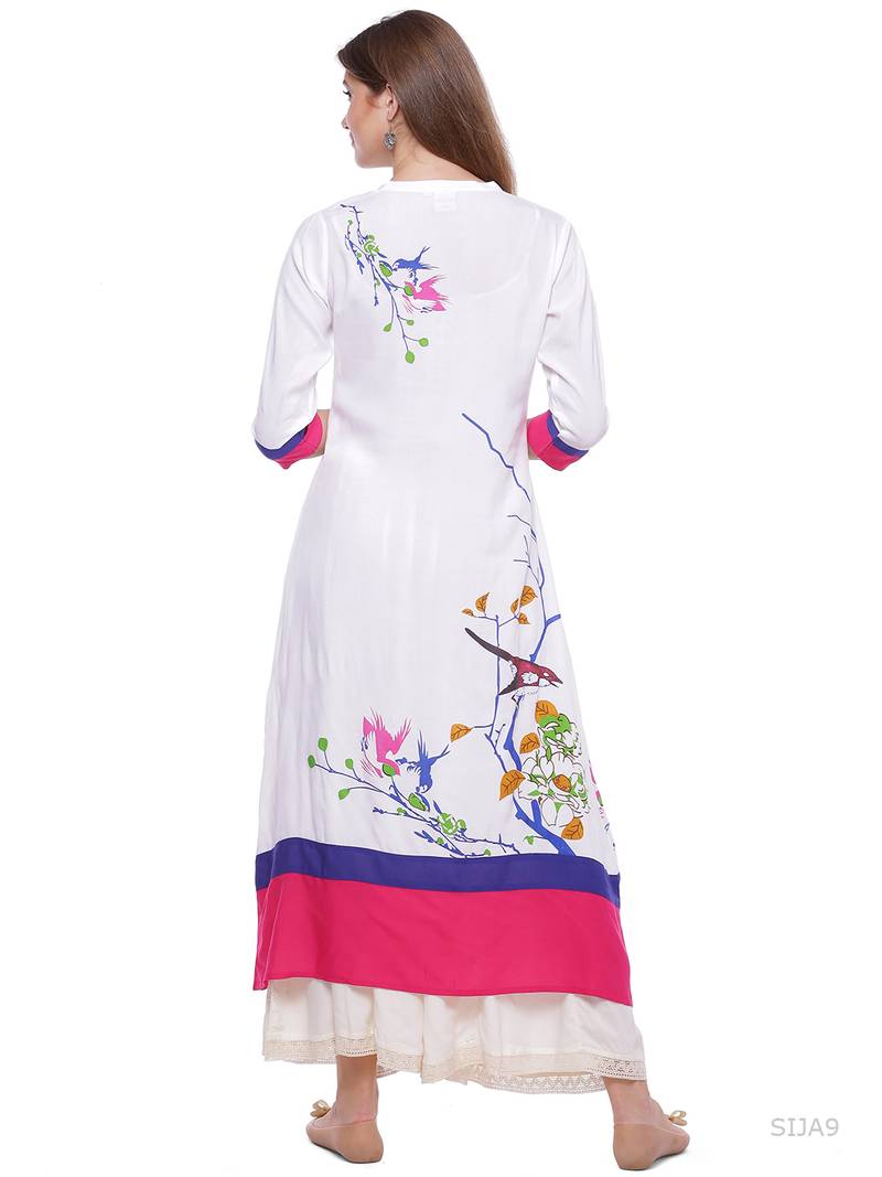 Geroo Jaipur White Printed A-Line Rayon Kurta