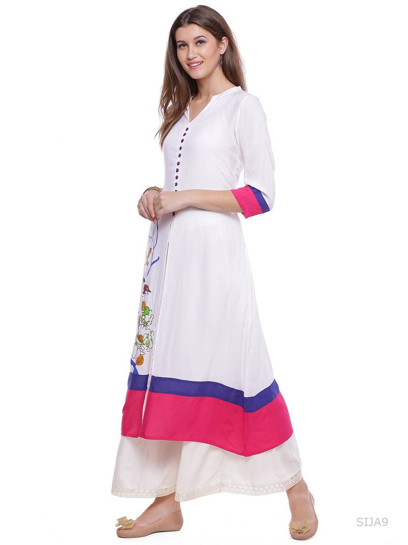 Geroo Jaipur White Printed A-Line Rayon Kurta