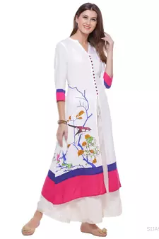   White Printed A Line Rayon Kurta