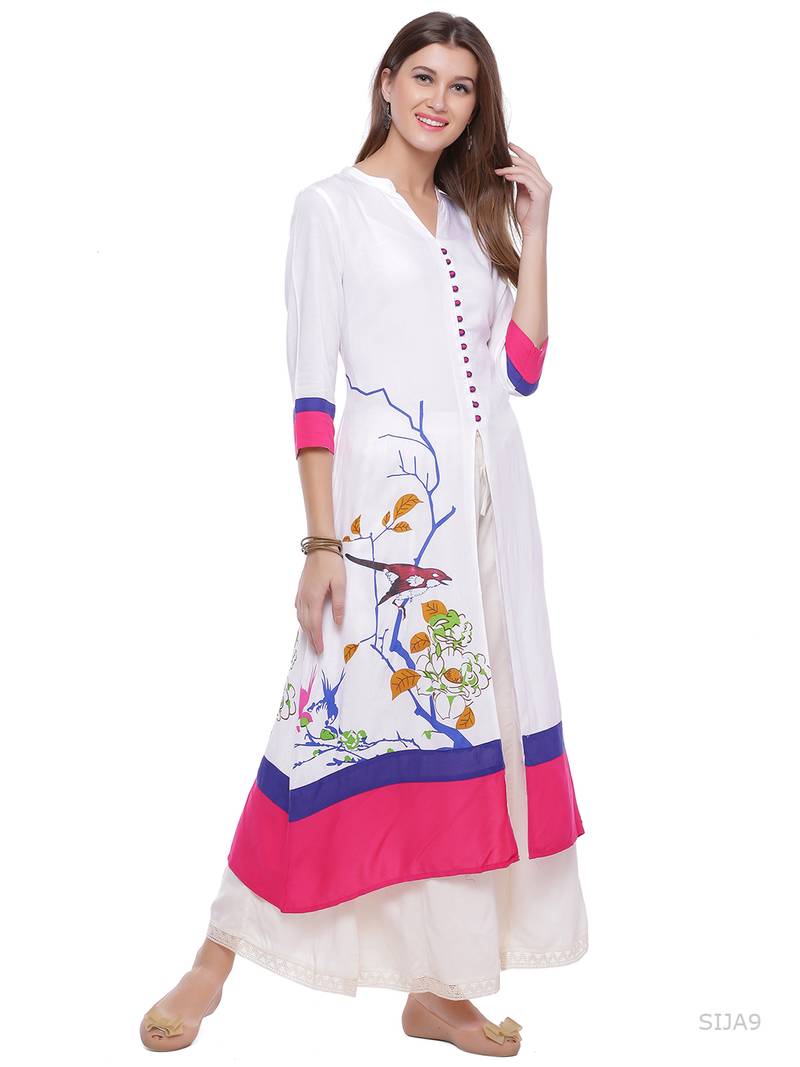 Geroo Jaipur White Printed A-Line Rayon Kurta