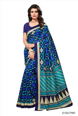 Blue printed bhagalpuri silk saree with blouse 1