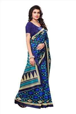 Blue printed bhagalpuri silk saree with blouse 4