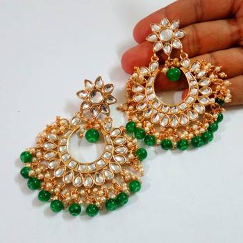 Green Color Imitation Pearl Kundan Earrings 1