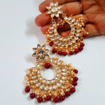 Maroon Color Imitation Pearl Kundan Earrings 1