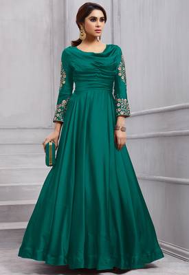 Teal embroidered silk anarkali salwar with dupatta 1