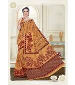 Orange Printed Cotton Saree With Blouse