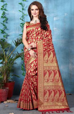 Red woven banarasi silk blend saree with blouse 1