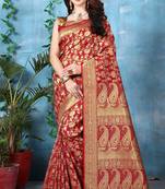 Red woven banarasi silk blend saree with blouse