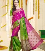 Dark Pink & Green Color Banarasi Silk Saree With Blouse Piece