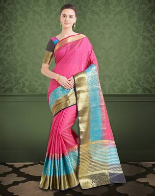 Dark Pink & Blue Color Banarasi Silk Saree With Blouse Piece 1