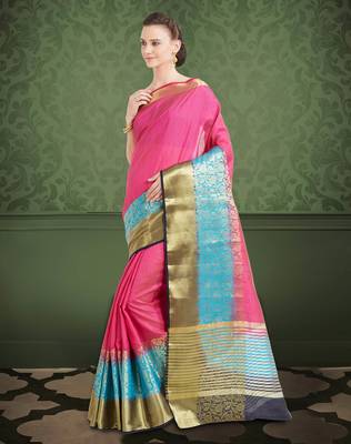 Dark Pink & Blue Color Banarasi Silk Saree With Blouse Piece 2