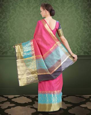 Dark Pink & Blue Color Banarasi Silk Saree With Blouse Piece 3